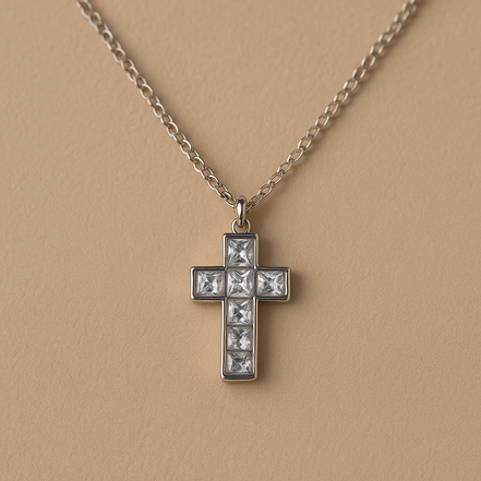 Stainless Steel Cross Necklace with Zircon Stones