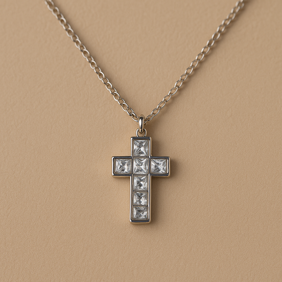 Stainless Steel Cross Necklace with Zircon Stones