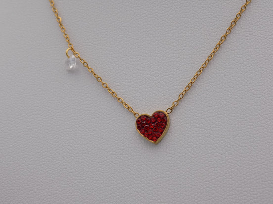 Red Crystal Heart Pendant Necklace Gold Tone Stainless Steel
