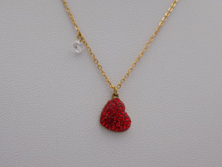 Red Crystal Heart Charm Necklace Gold Tone Stainless Steel