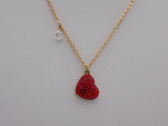 Red Crystal Heart Charm Necklace Gold Tone Stainless Steel