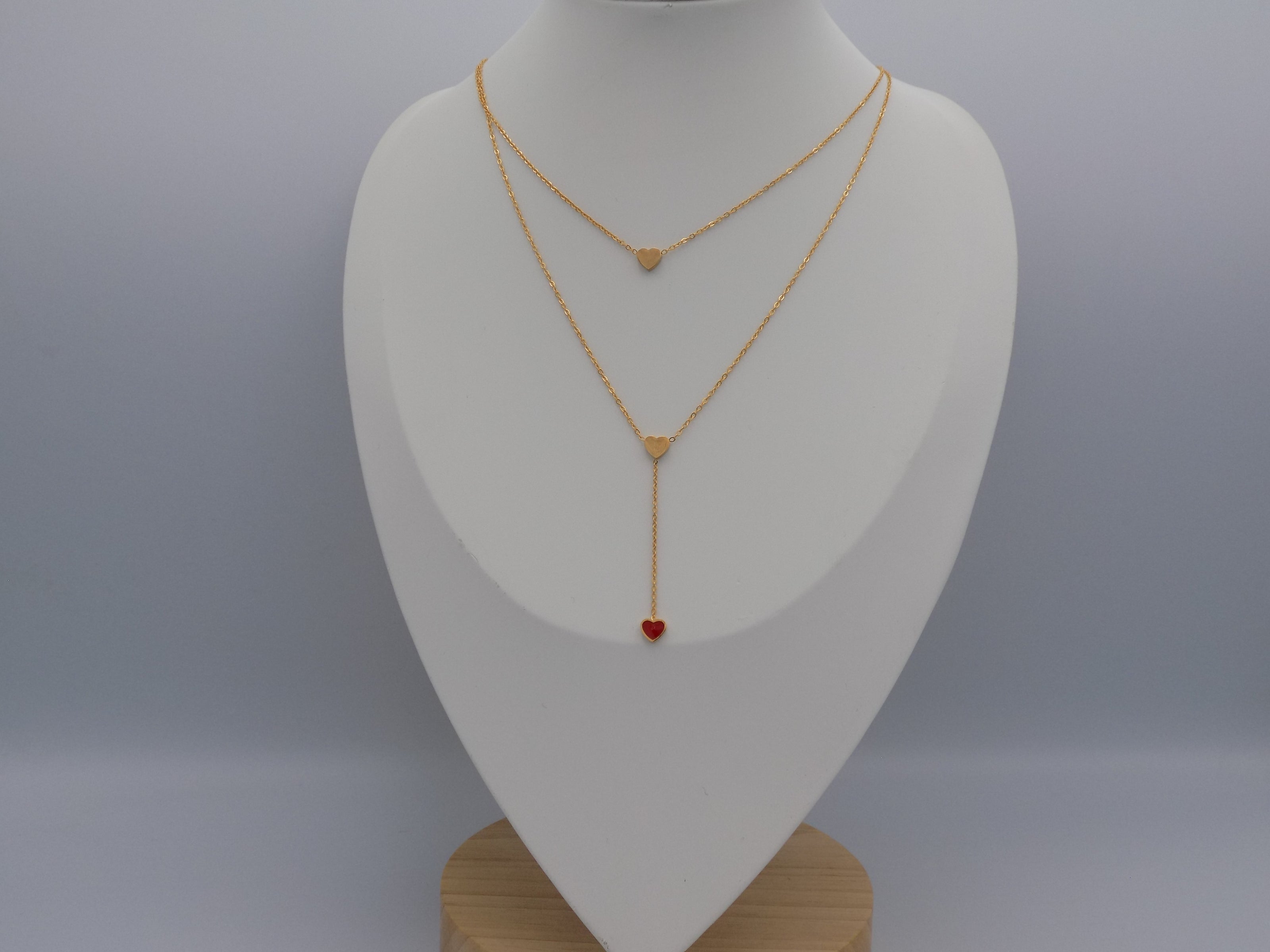 Layered Heart Y Necklace With Red Accent Gold Tone Stainless Steel