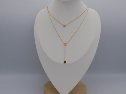Layered Heart Y Necklace With Red Accent Gold Tone Stainless Steel