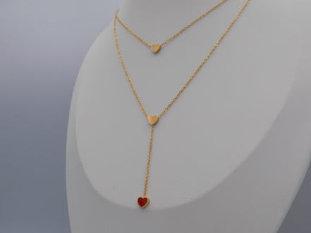 Layered Heart Y Necklace With Red Accent Gold Tone Stainless Steel