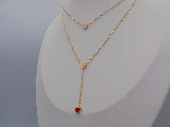 Layered Heart Y Necklace With Red Accent Gold Tone Stainless Steel