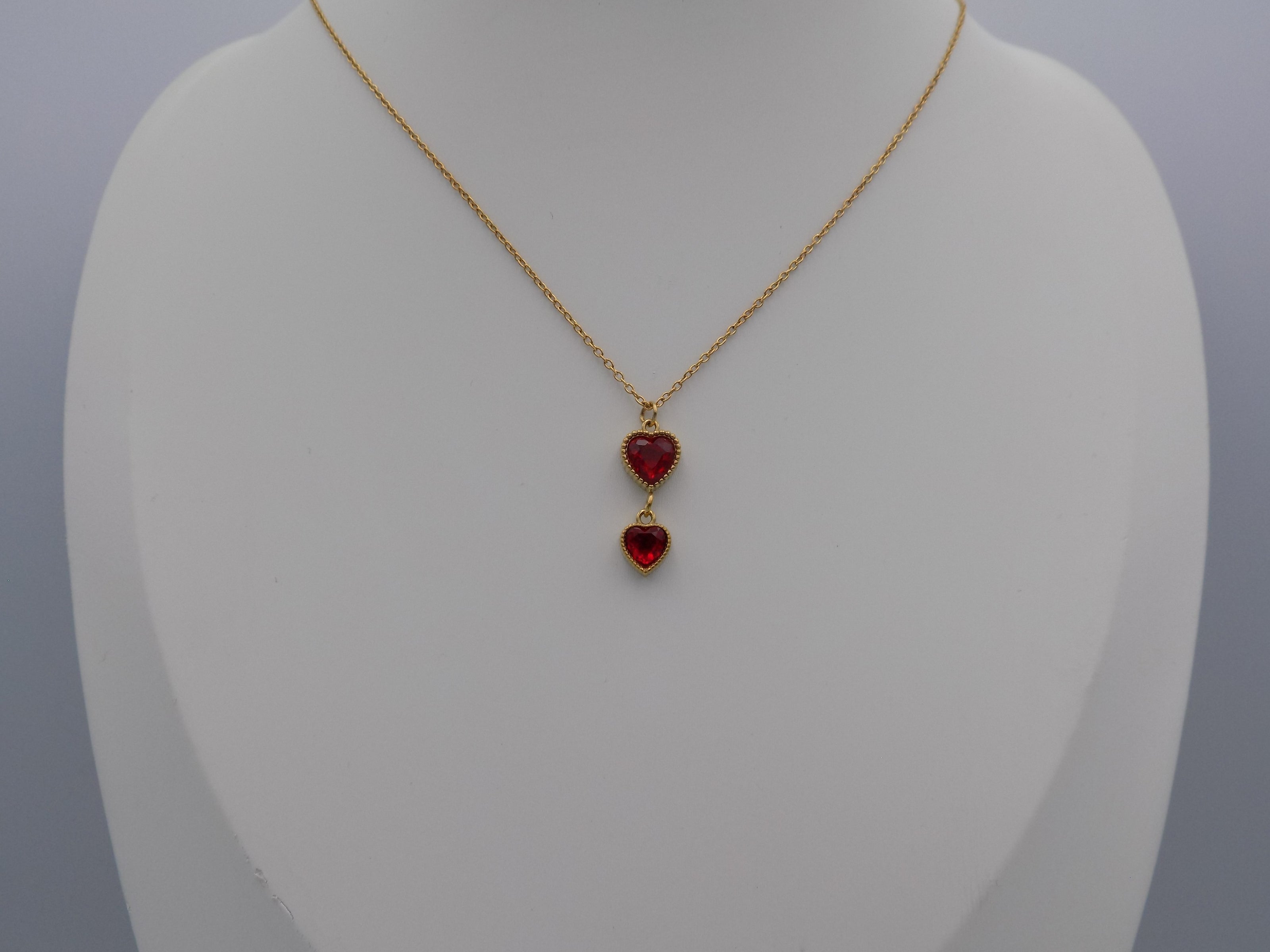 Twin Ruby Heart Drop Necklace Gold Tone Stainless Steel
