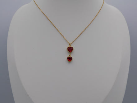 Twin Ruby Heart Drop Necklace Gold Tone Stainless Steel