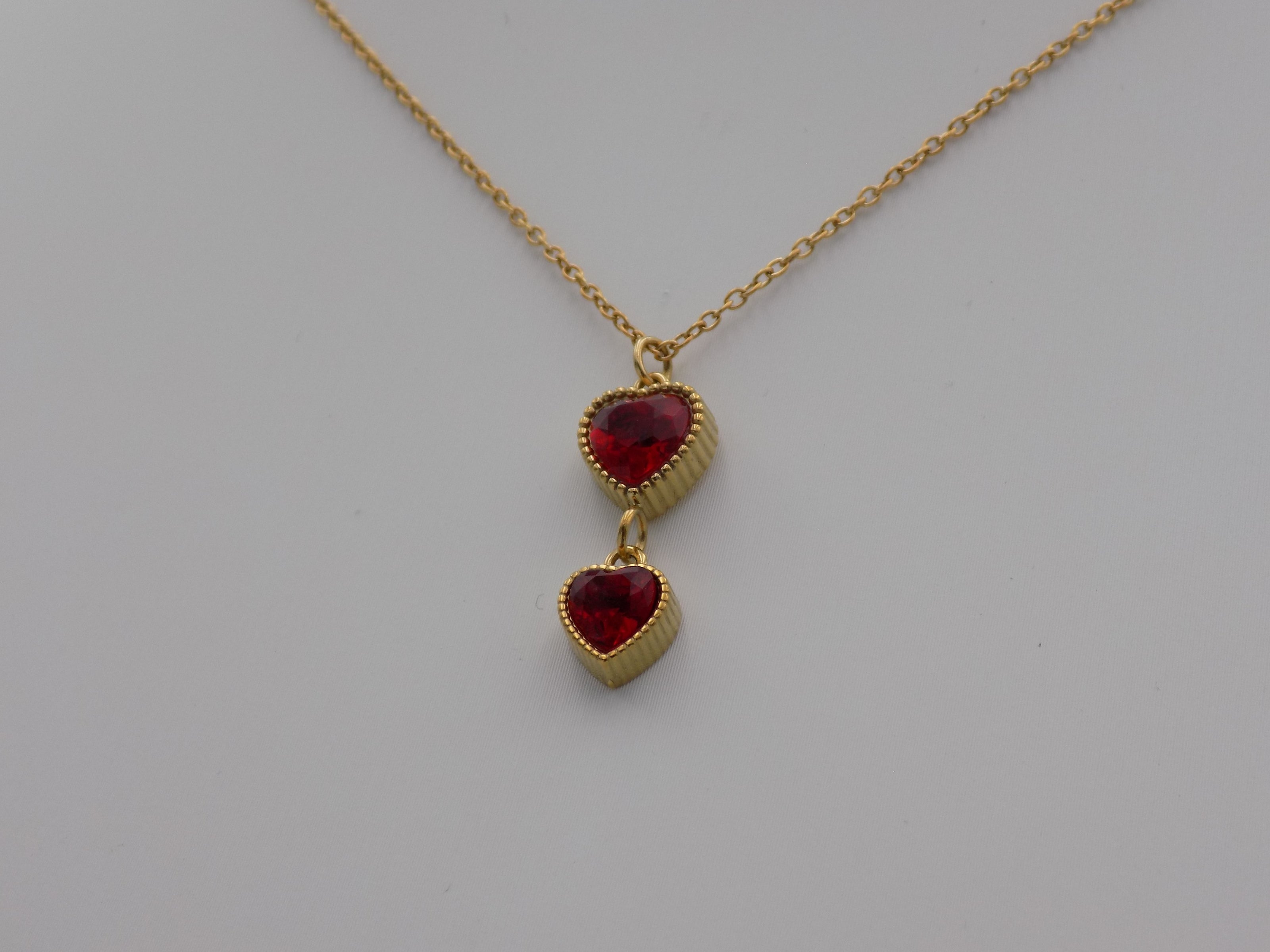 Twin Ruby Heart Drop Necklace Gold Tone Stainless Steel