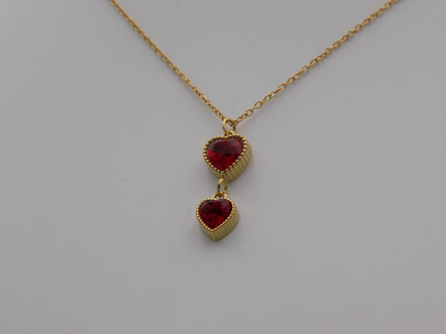 Twin Ruby Heart Drop Necklace Gold Tone Stainless Steel