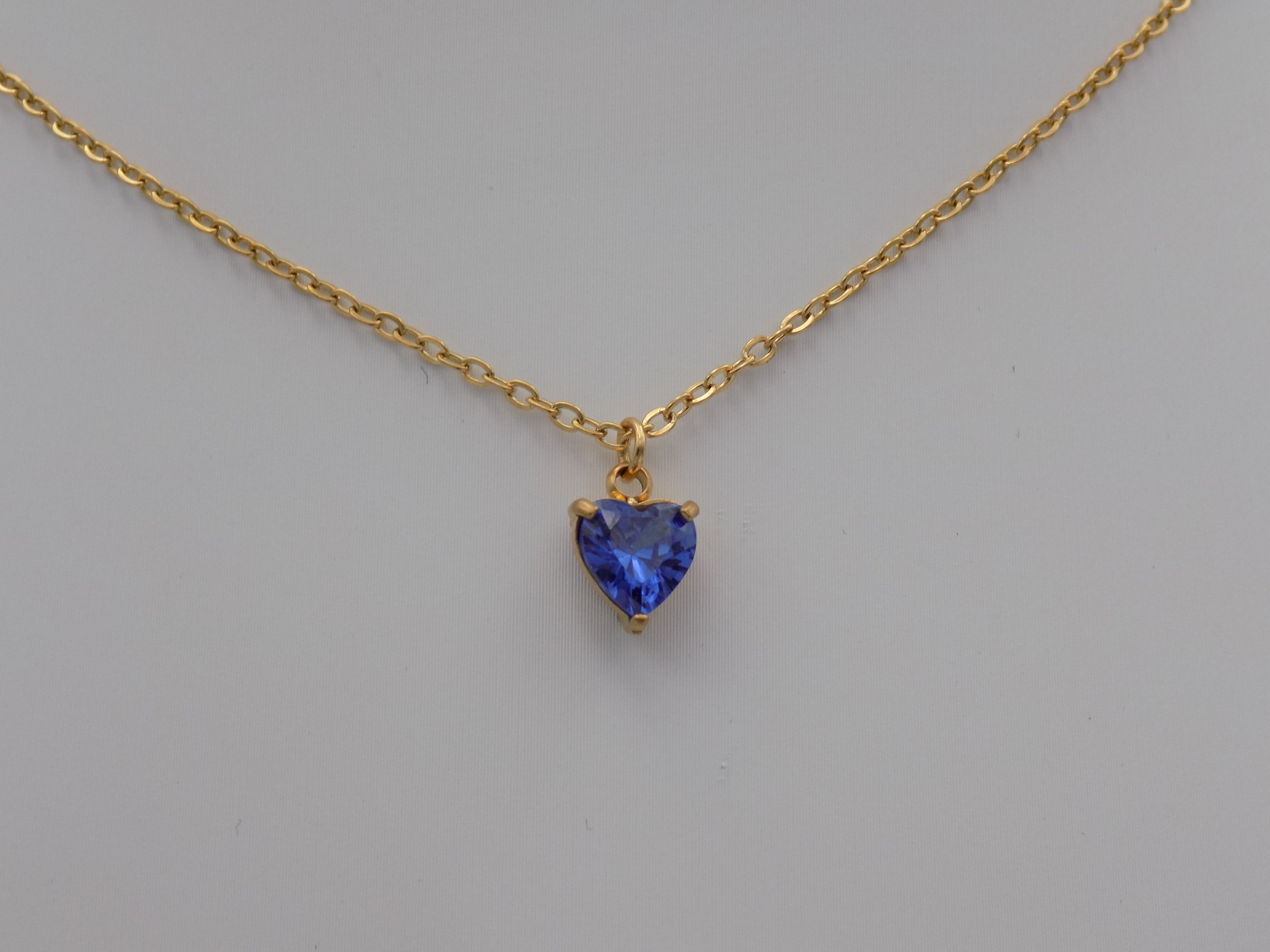 Sapphire Blue Heart Pendant Necklace Gold Tone Stainless Steel