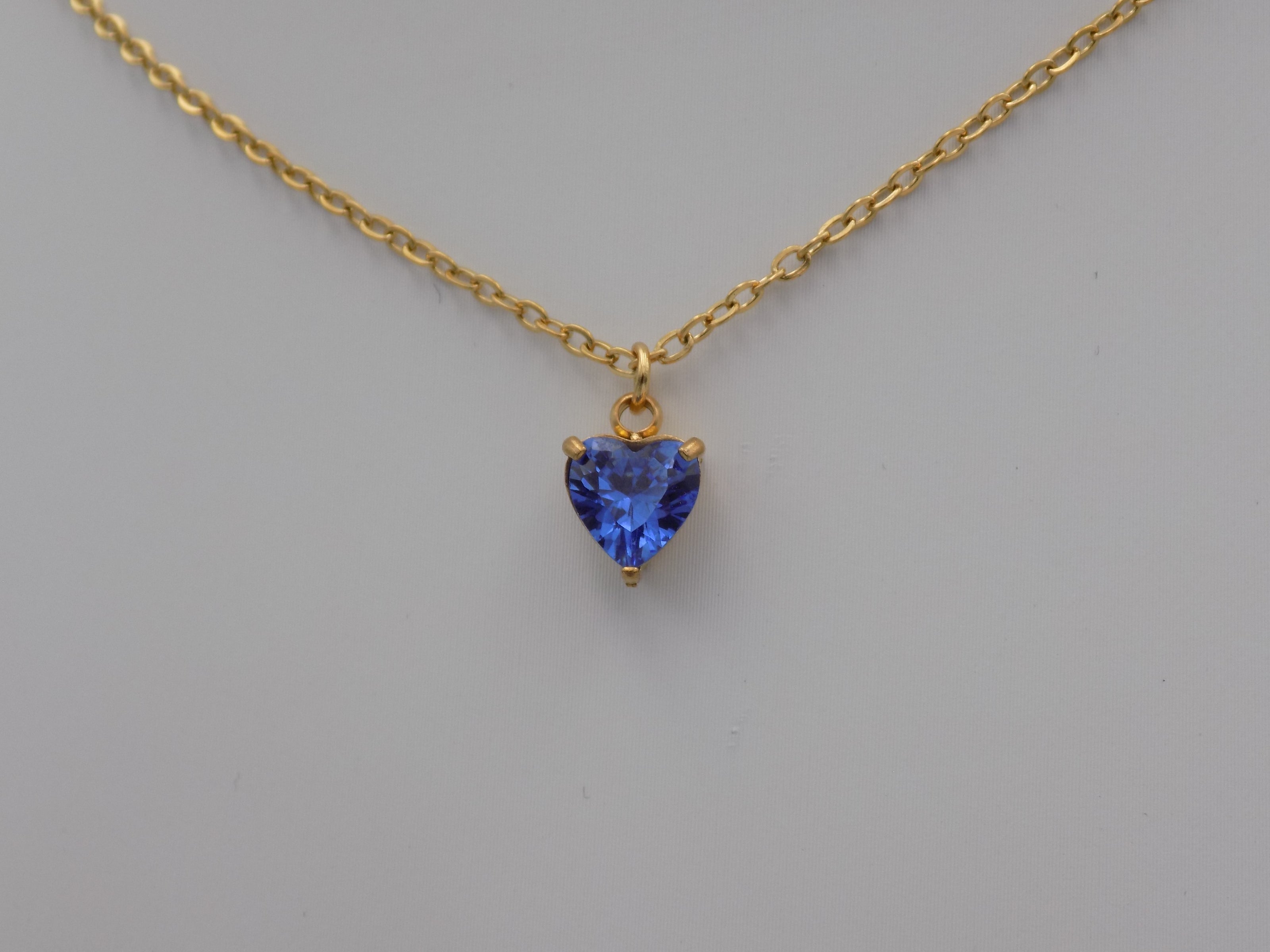 Sapphire Blue Heart Pendant Necklace Gold Tone Stainless Steel