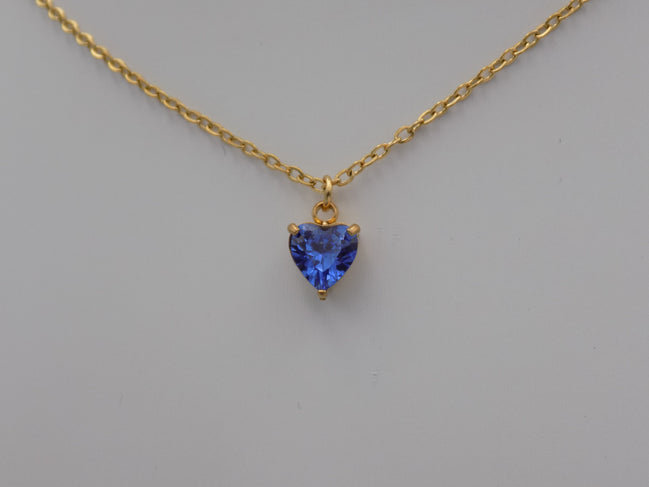 Sapphire Blue Heart Pendant Necklace Gold Tone Stainless Steel