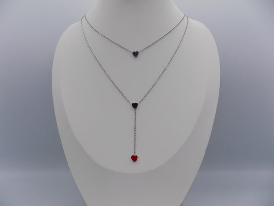 Layered Heart Y Necklace (Silver Tone)