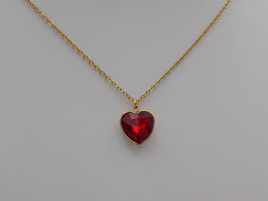 Red Crystal Heart Necklace Mini (Gold Tone)