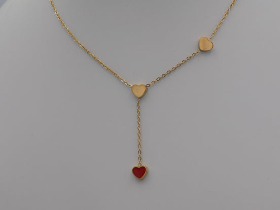 Gold Tone Heart Y Necklace with Red Enamel Heart