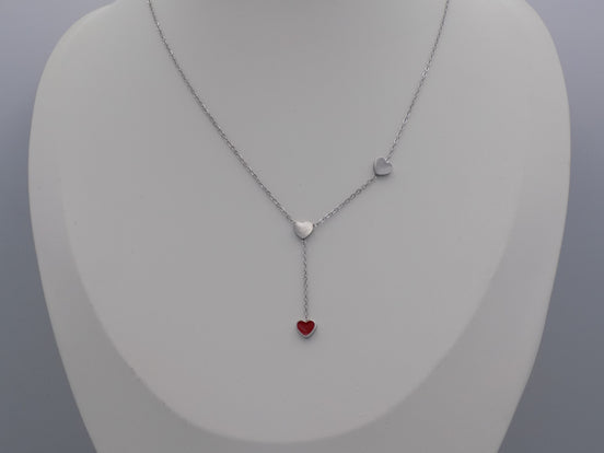 Silver Tone Heart Y Necklace with Red Enamel Heart