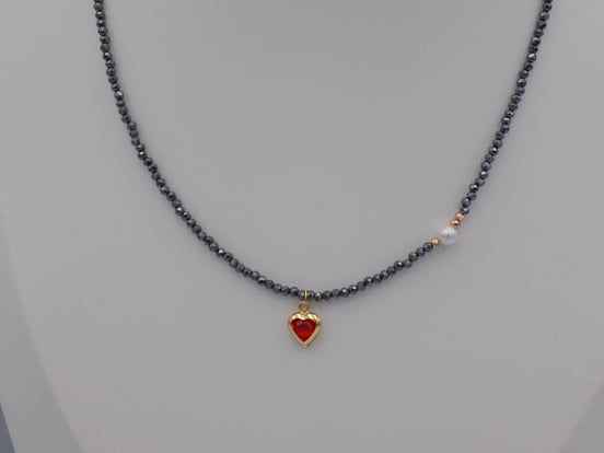 Hematite Beaded Necklace with Red Heart Pendant (Gold Tone)