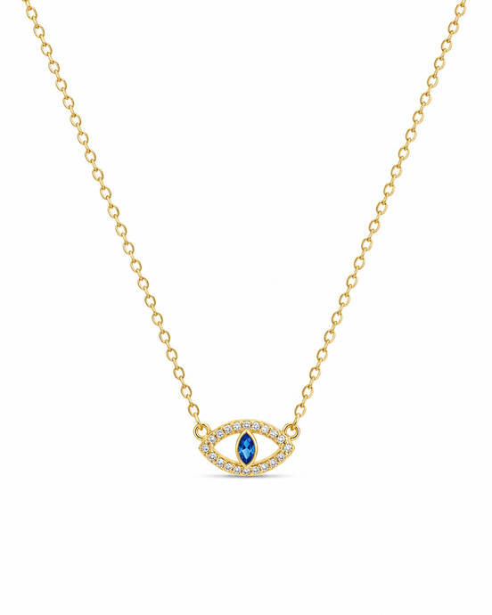 Gold Plated 925 Silver Evil Eye Necklace with Blue Zircon