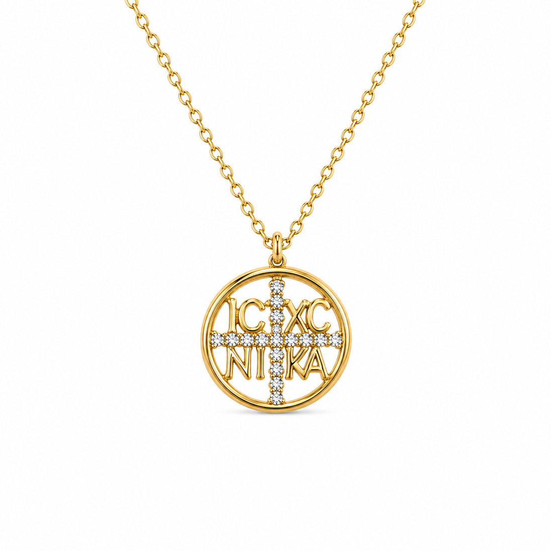 IC XC NIKA Circle Cross Necklace Gold Plated 925 Silver