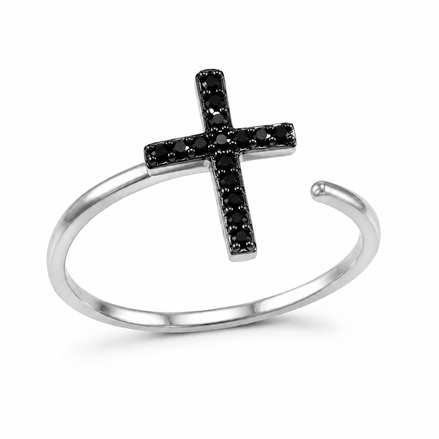 Black Cross Open Ring in Sterling Silver 925