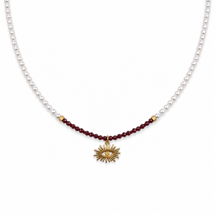 Pearl and Burgundy Evil Eye Necklace