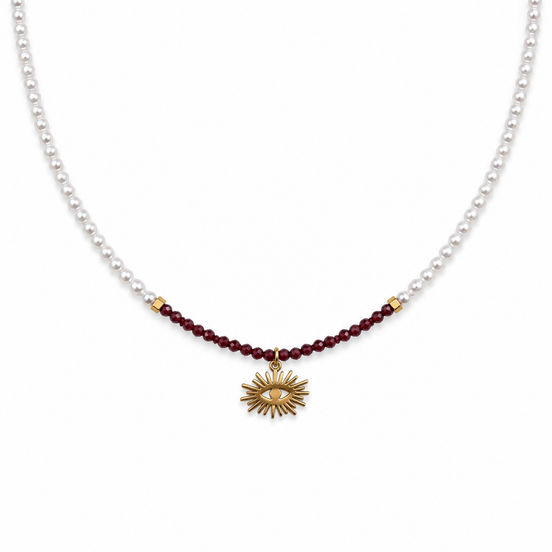 Pearl and Burgundy Evil Eye Necklace