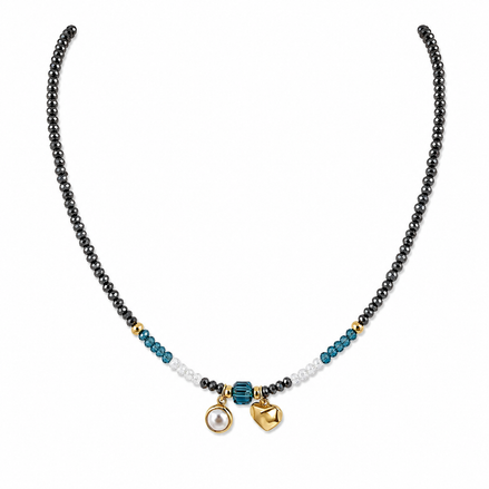 Gunmetal Beaded Necklace with Pearl and Heart Charms