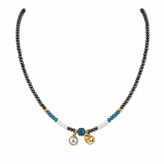 Gunmetal Beaded Necklace with Pearl and Heart Charms