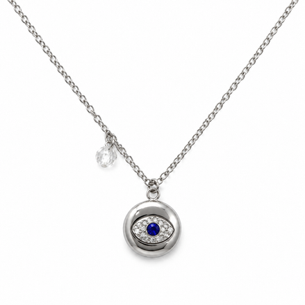 Silver Crystal Evil Eye Disc Necklace