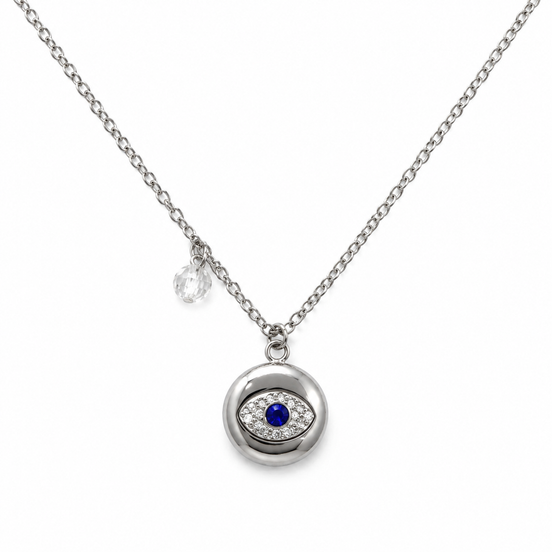 Silver Crystal Evil Eye Disc Necklace