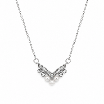 Silver Crystal Chevron Pearl Necklace