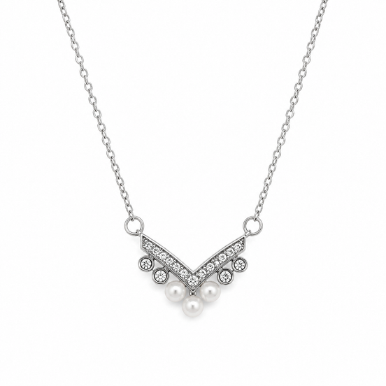 Silver Crystal Chevron Pearl Necklace