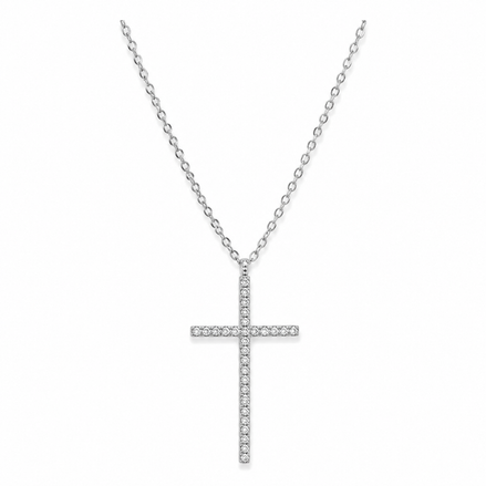 Silver Long Crystal Cross Necklace