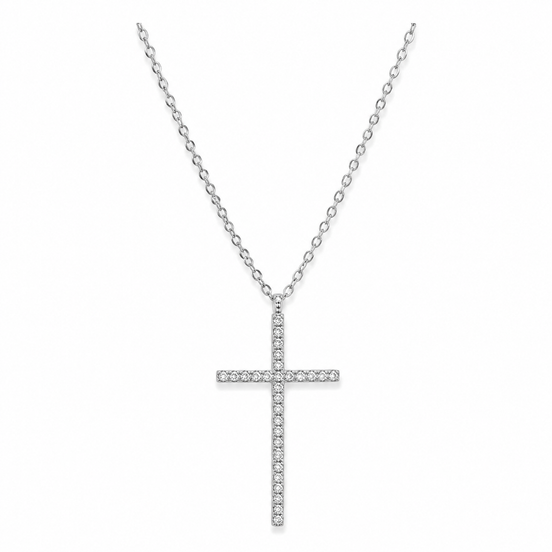 Silver Long Crystal Cross Necklace