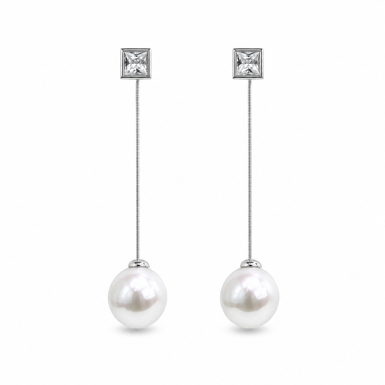 Silver Crystal and Pearl Long Drop Earrings
