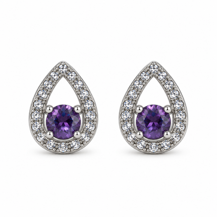 Silver Purple Crystal Teardrop Stud Earrings