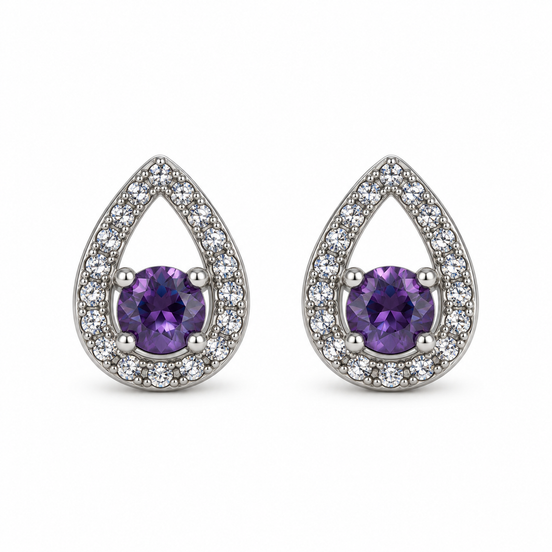 Silver Purple Crystal Teardrop Stud Earrings