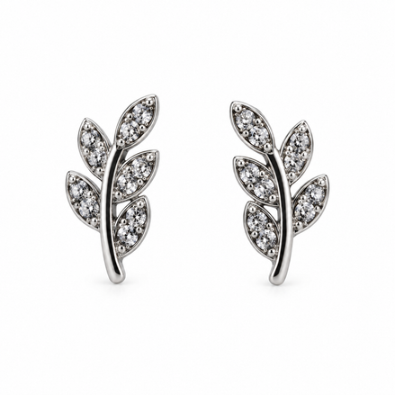 Silver Crystal Leaf Branch Stud Earrings