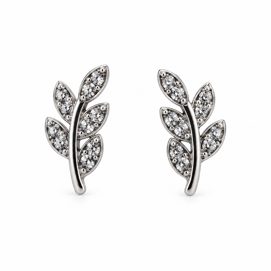Silver Crystal Leaf Branch Stud Earrings