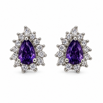 Silver Purple Teardrop Crystal Stud Earrings