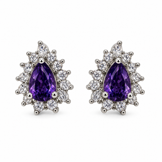 Silver Purple Teardrop Crystal Stud Earrings