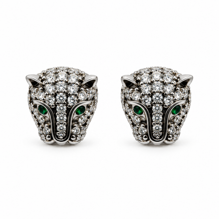 Silver Crystal Panther Head Stud Earrings