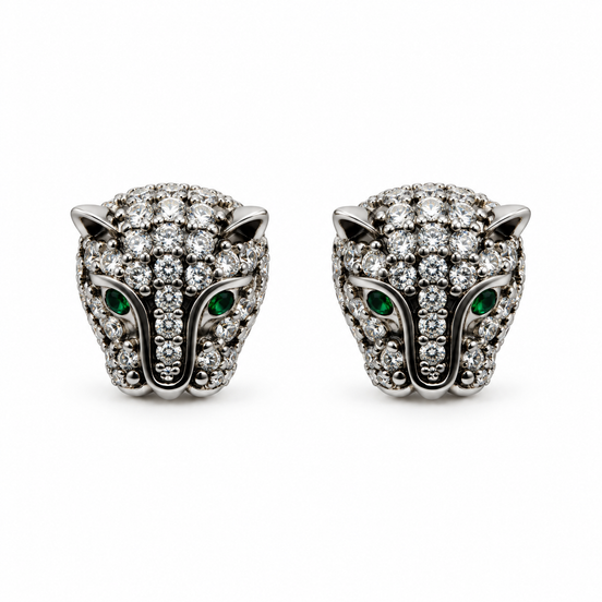 Silver Crystal Panther Head Stud Earrings