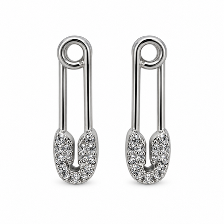 Silver Crystal Safety Pin Stud Earrings