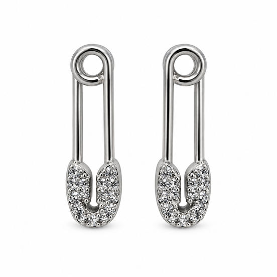 Silver Crystal Safety Pin Stud Earrings