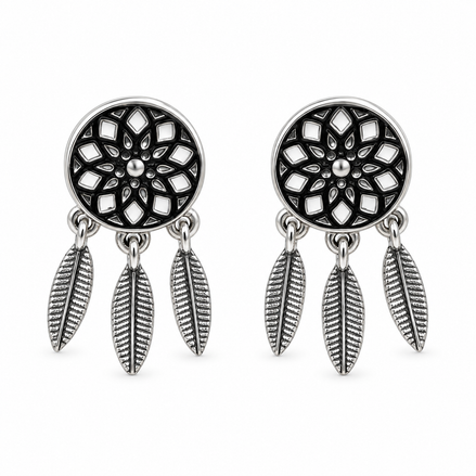 Silver Dreamcatcher Feather Drop Earrings