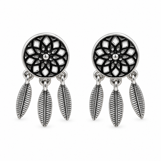Silver Dreamcatcher Feather Drop Earrings