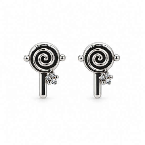 Silver Spiral Lollipop Crystal Stud Earrings