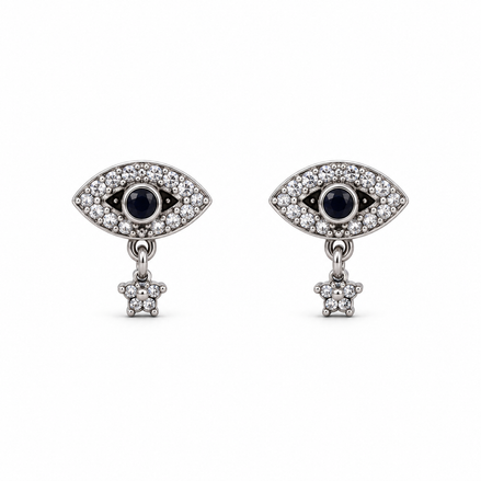Silver Crystal Evil Eye Drop Stud Earrings