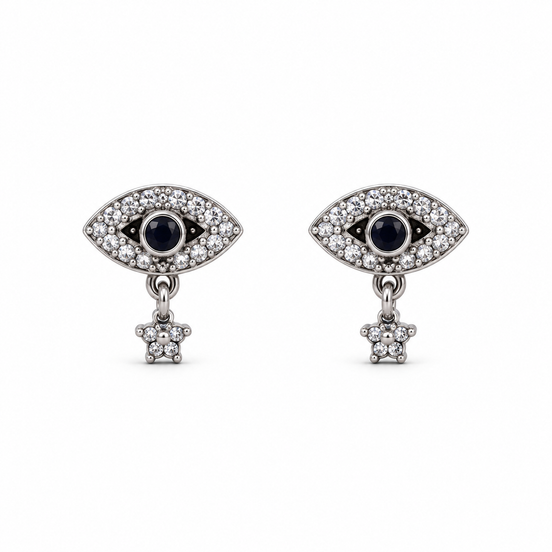 Silver Crystal Evil Eye Drop Stud Earrings